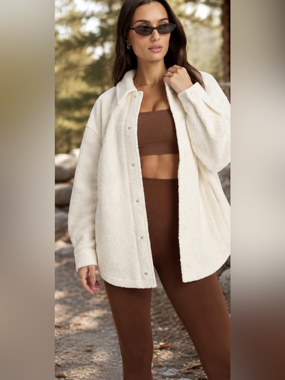 Fabletics Ivory Boucle Snap Button Shirt Jacket, Large, Oversized, Cozy Warm NWT